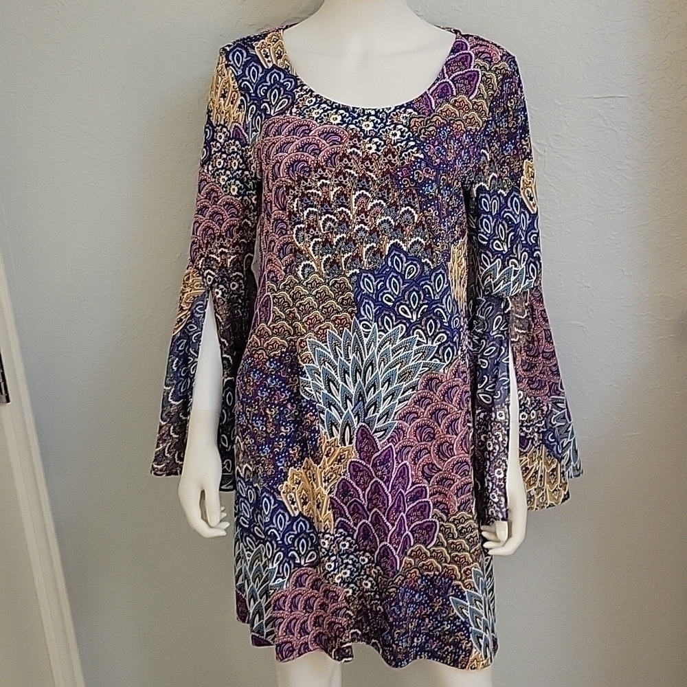 IVY ROAD Colorful Flare Split Sleeve Scoop Neck Peacock Mini Trapeze Disco Dress - Picture 3 of 8